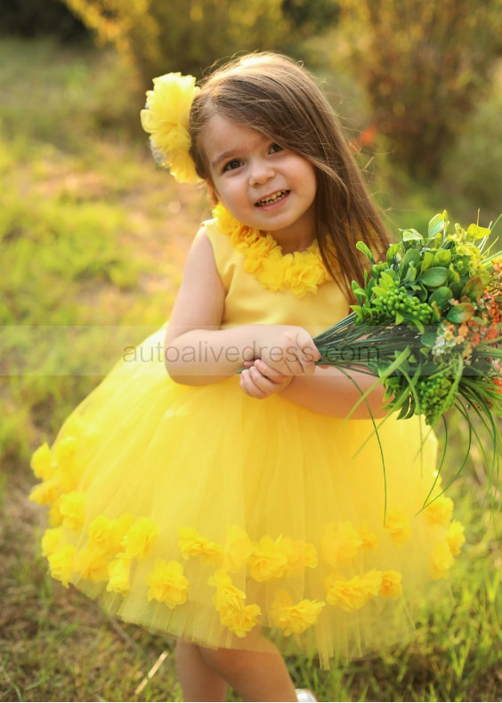 Yellow Floral Rustic Flower Girl Dress With Silver Bow